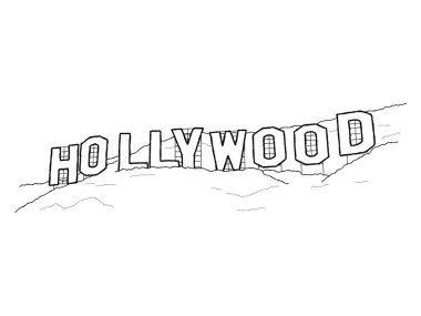 Hollywood Sign, Griffith Park, Mount Lee, Hollywood Hills, Los Angeles, Kaliforniya: Vektör İllüstrasyon El Çizilmiş Karikatür Sanat