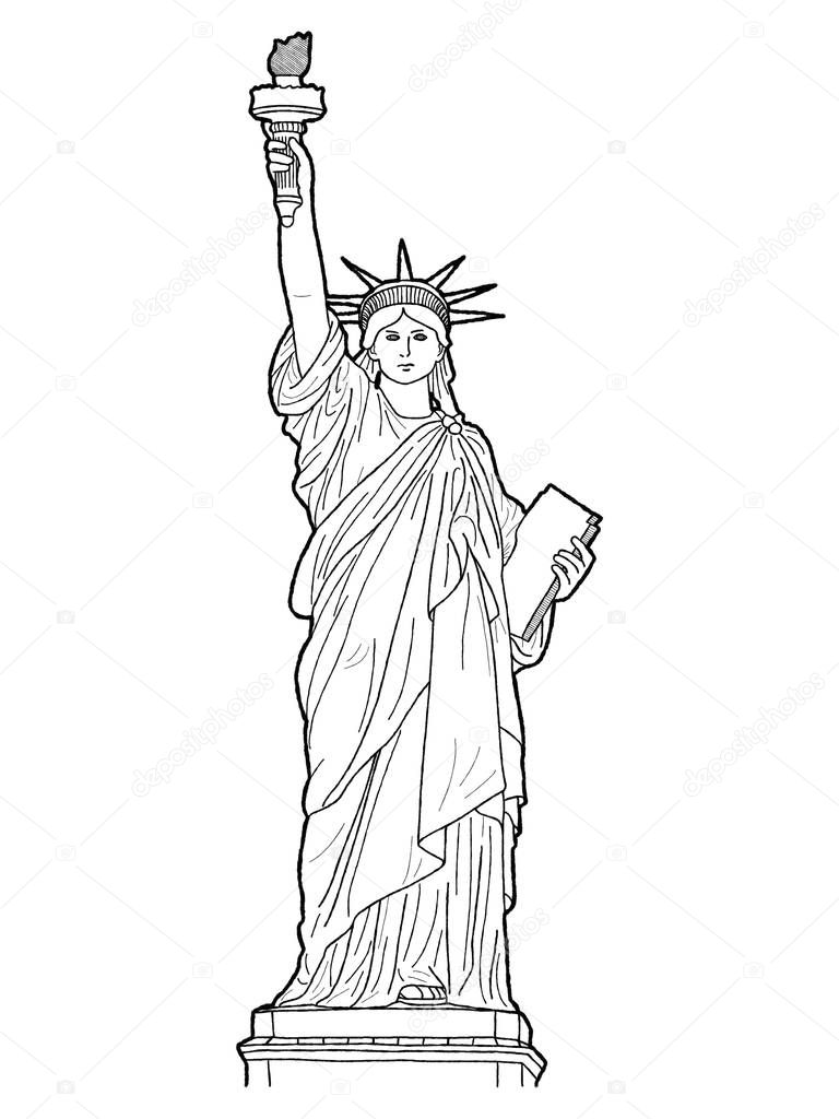 Statue Of Liberty, Liberty IslandManhattan, New York: Vector Illustration Hand Drawn Cartoon Art