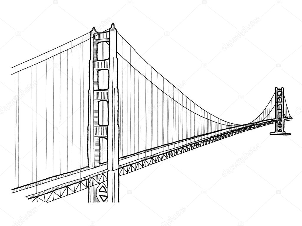 Golden Gate Bridge, San Francisco, California and Marin County, California: Vector Illustration Hand Drawn Landmark Cartoon Art