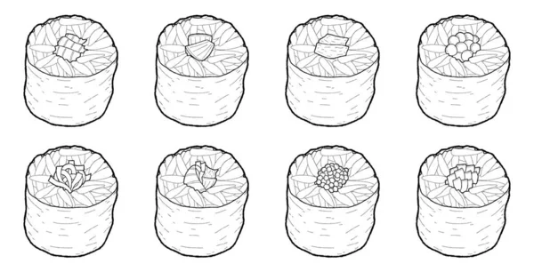 Uppsättning Sushi Rulle Japan Mat Vektor Illustration Handdragen Tecknad Konst — Stock vektor