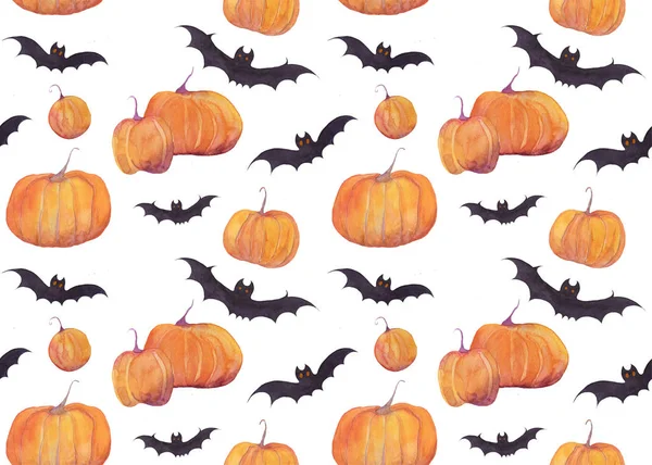 Halloween watercolor pattern with pumpkins, bats, funny ghosts and witch hut on white background. Autumn holidays