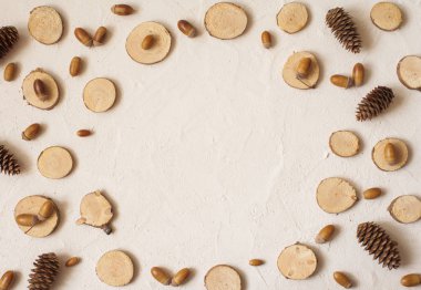 Sonbahar kompozisyon, çam kozalakları, meşe palamudu ve küçük ahşap kütükler çerçeve yapılmış. Düz yatıyordu, en iyi görünüm. Kopya alanı