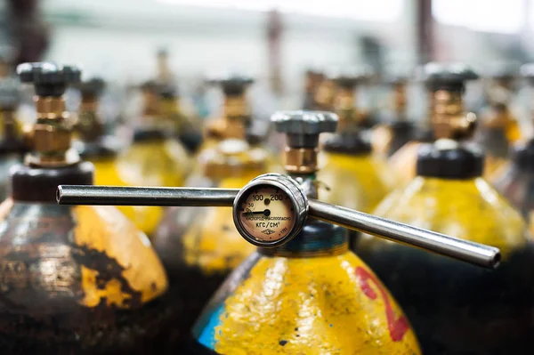 Pressure Tank and Regulator Gauges. Check manometer in liquid  gas factory. — Stock Photo, Image