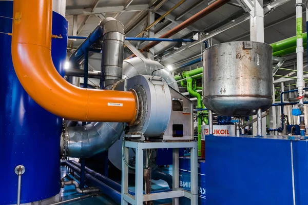 Gas boilers in gas boiler room for steam production. ombustor. Industry boiler gas burner.