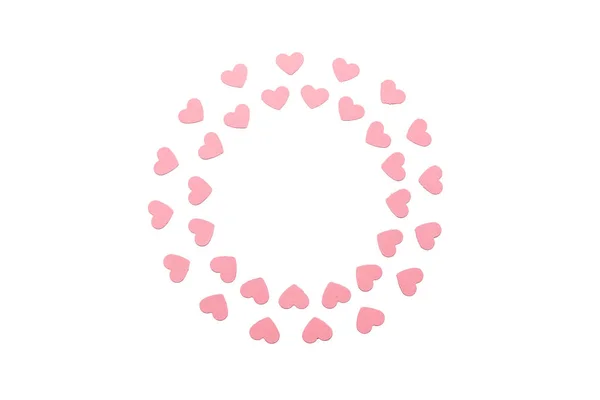 Valentine's Day round Frame made of pink paper hearts. Flat lay, top view, copy space. — Stock Photo, Image