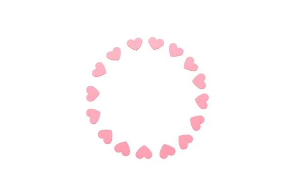 발렌타인의 하루 라운드 프레임 분홍색 종이 마음의 만든. 평면 위치, 최고 보기, 복사 공간. — 스톡 사진