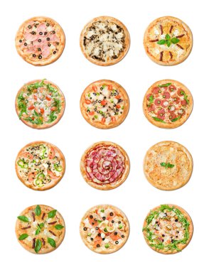 On iki farklı pizza menü için. Beyaz arka plan üzerinde izole İtalyan yemekleri geleneksel mutfağı