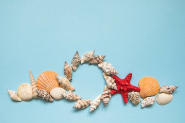 Kopya alanı ile mavi deniz arka plan üzerinde deniz kabukları ve kırmızı denizyıldızı ile yuvarlak çerçeve. Plaj tatili konsepti, gemi seyahati. Yaz düz yatıyordu.