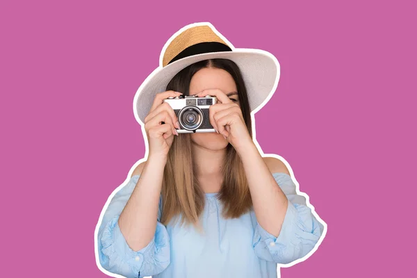 Close up photo of woman in hat on purple background taking a photo with retro camera. Cartoon social network stickers