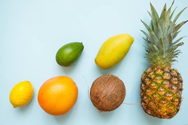 Düz mavi arka plan üzerinde tropikal meyve seti ile yatıyordu. Yaz taze gıda: hindistan cevizi, ananas, mango, greyfurt, limon, avokado. Vegan 