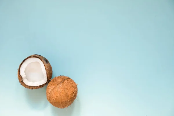 Płaski lay z dojrzałych kokosów na niebieskim tle — Zdjęcie stockowe