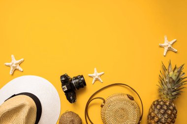 Yaz gezgin aksesuarları. Hasır şapka, kamera