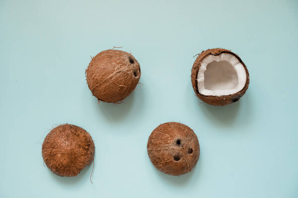 Flat lay with ripe coconuts on blue background. Top View. Copy Space. Pop art design, creative summer concept. Banner. Half of coconut in minimal flat lay style.