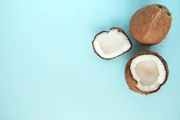Byt s zralými kokosové ořechy na modrém pozadí. — Stock fotografie