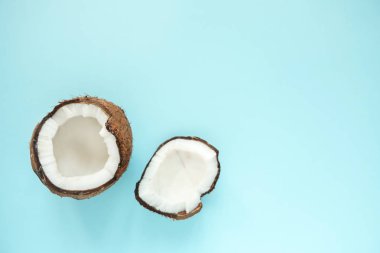 Düz mavi arka plan üzerinde açık hindistan cevizi ile yatıyordu. Minimal stil