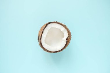 Yaratıcı düzen mavi arka plan üzerinde yarım olgun hindistan cevizi yapılmış. Düz minimal tarzda yatıyordu