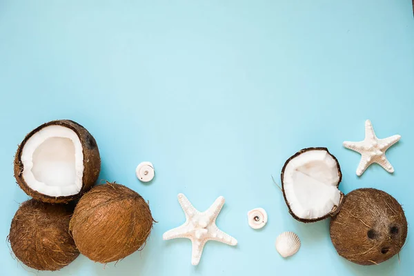 Komposition mit reifen Kokosnüssen und Seesternen auf blauem Hintergrund. Ansicht von oben. Kopierraum — Stockfoto