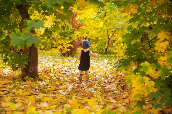 Happy autumn. A little baby girl is playing with falling maple leaves and laughing — Stock Photo, Image
