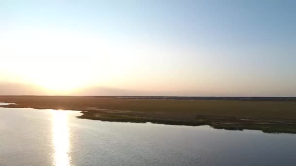 Vista aérea: Vuelo sobre el hermoso río en los campos verdes. Luz suave puesta de sol con cielo nublado pastel — Vídeos de Stock