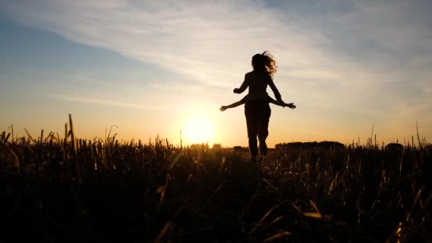 Casal corre para se encontrar em abraço, um homem torce sua mulher contra o pôr do sol no campo de trigo . — Vídeo de Stock