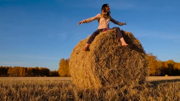 Schöne lachende junge Frau, die auf einem Heuhaufen sitzt und tanzt. lustige Mädchen, die Spaß auf dem Feld haben — Stockvideo