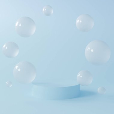 Geometrik şekilli soyut sahne. Silindir podyum, pastel ışıkta dur, mavi arka plan, uçan toplar, küreler. Sahne kaidesi ya da platformu. Moda 3B görüntüleme