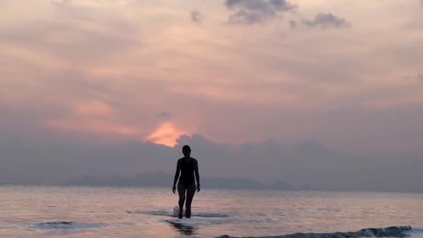 Boldog Gondtalan Nő Élvezi Gyönyörű Naplemente A Parton. Silhouette egy lány bemegy a vízbe naplementekor, elhagyva a horizontot. — Stock videók