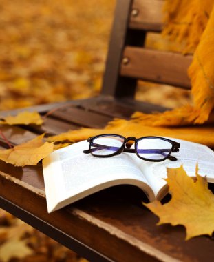 Sonbahar yapraklarıyla çevrili ahşap bir bankta okuma gözlükleriyle açık bir kitap. Sıcak düşüş atmosferi. Seçici odak.