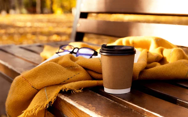 Bir fincan sıcak kahve, sıcak battaniye, gözlük ve kitap sonbahar parkında bankta. Sonbahar sıcacık havası. Seçici odak.