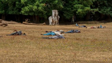 Duncan Mills, Ca - 14 Temmuz 2018: Bir alan bir Kuzey California'nın iç savaş reenactment sırasında yaralı ve ölü savaşçıları ile. Bu iç savaş gün Batı yakasındaki en büyük canlandırma olaylar biridir ve her yıl olur