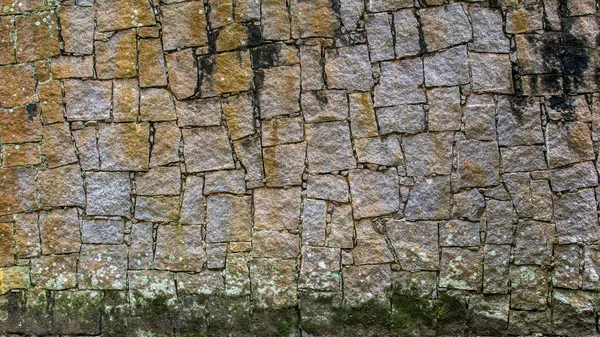 Grunge Parede Pedra Padrão Irregular Close Coberto Com Musgo Líquen — Fotografia de Stock