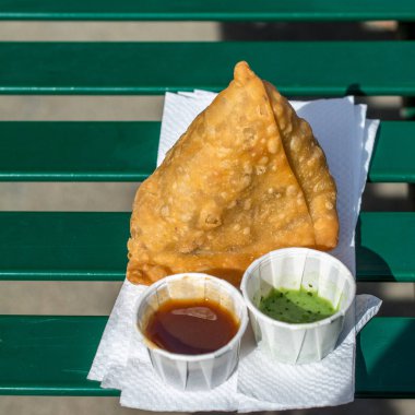 Samosa yeşil parkta bankta