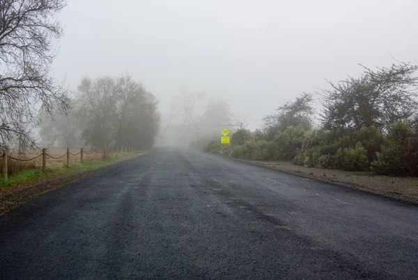 低視認性とサインの霧の国の道路は 自転車と道路を共有します — ストック写真