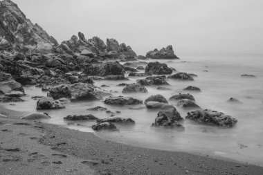 Goat Rock Eyalet Parkı, Sonoma Sahili, Kaliforniya, ABD 'den Pasifik Sahili' ne siyah beyaz