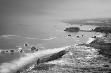 Kaz Kayası Eyalet Parkı 'ndan Pasifik Sahili' nin panoramik manzarası, Sonoma Sahili, Kaliforniya, ABD, kasvetli, sisli bir günde