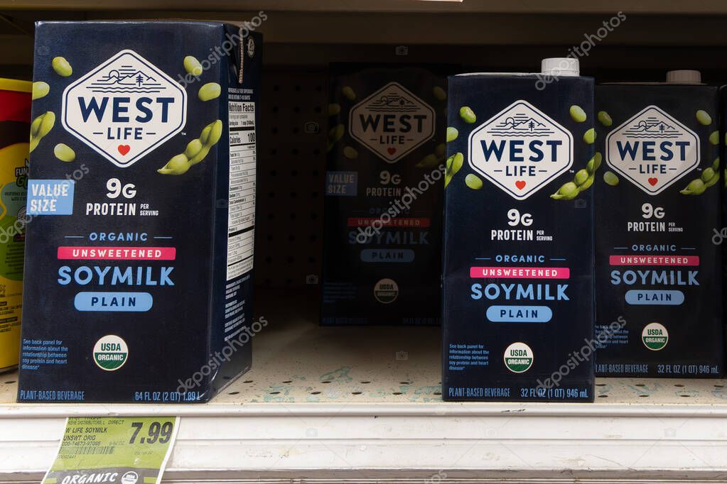 Davis, CA, USA. 22 August 2025. Supermarket store shelf with West Life Soymilk plain
