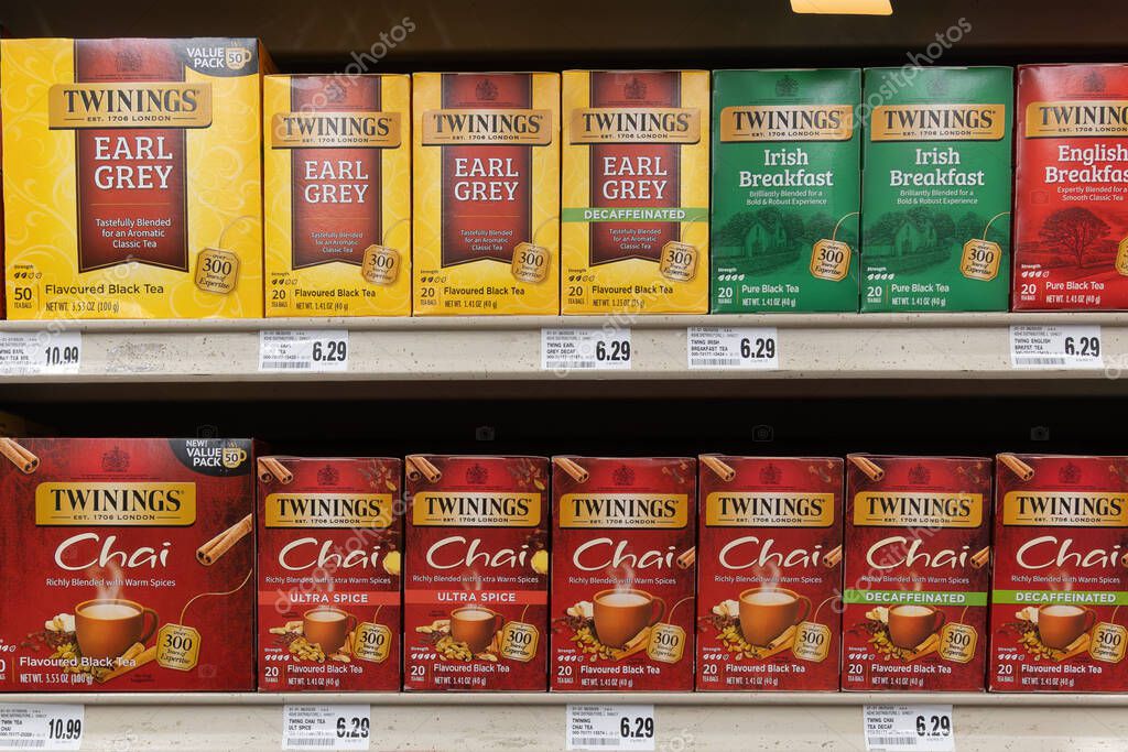 Davis, CA, USA. 22 August 2025. Supermarket store shelf with Twinings tea in teabags
