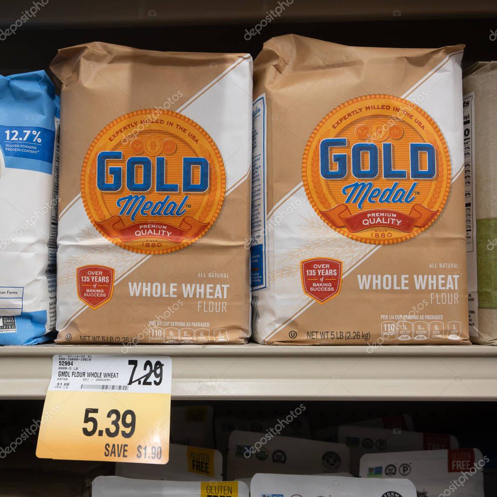 Davis, CA, USA. 22 August 2025. Supermarket store shelf Gold Medal whole wheat flour