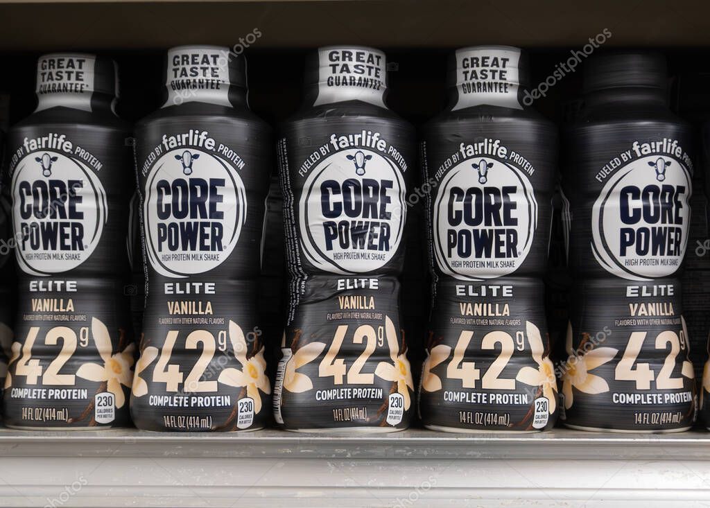 Davis, CA, USA. 22 August 2025. Supermarket store shelf with  Core Power protein shake