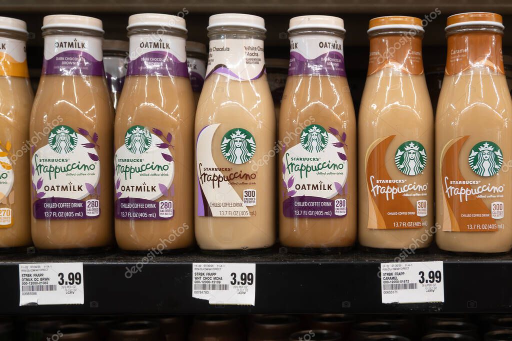 Davis, CA, USA. 22 August 2025. Supermarket store shelf with  Starbucks Frappuccino