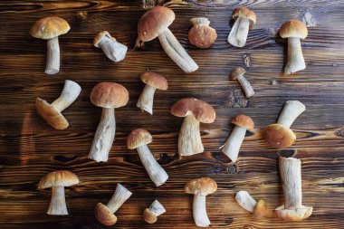 ahşap bir arka plan üzerinde beyaz mantar düzenlendiği
