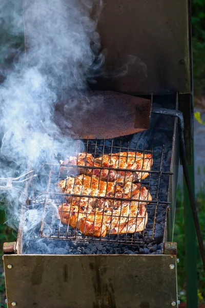 Outdoor recreation, homemade hamburger barbecue beef patties grilled over an open fire, on the grill