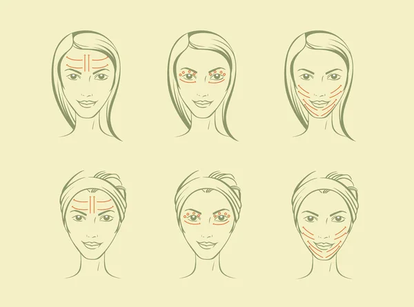 Vector Portrait Young Woman Massage Lines Face Massage Layout — Stock Vector