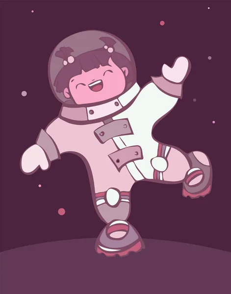 Jonge Komische Cartoon Kosmonaut Meisje Planeet Vectorillustratie — Stockvector