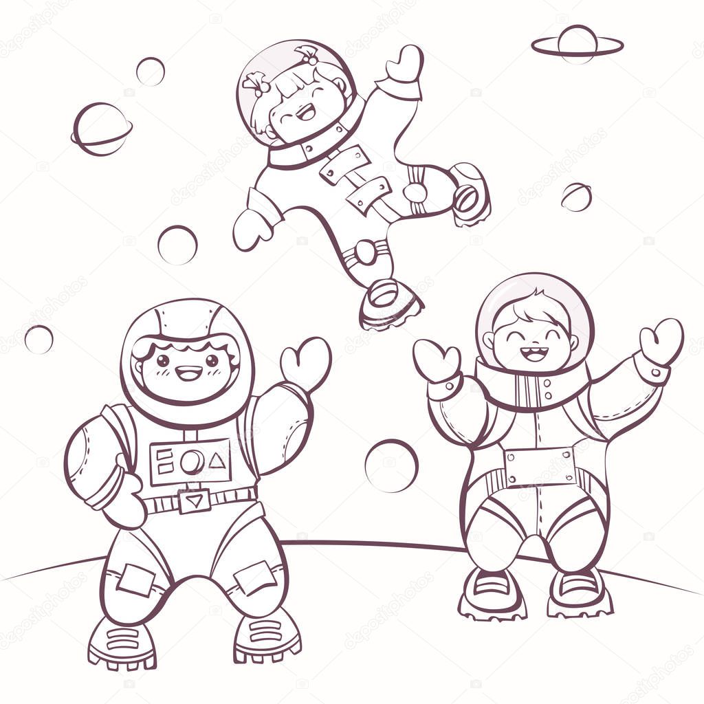 ?artoon astronauts in outer space, vector illustration for colouring