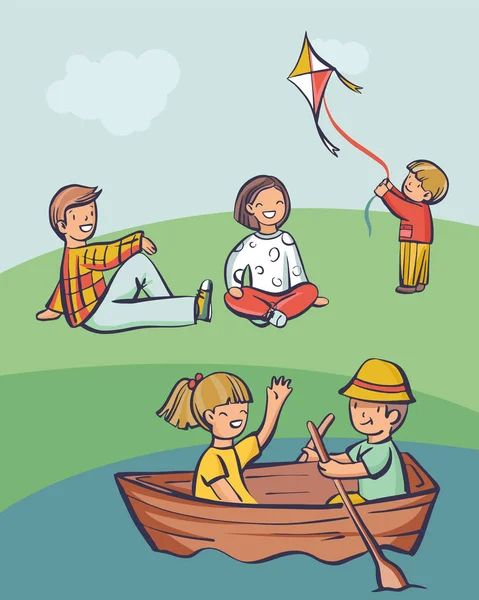 子供起動カイトをボートで 芝生の上のカップルをおくつろぎください 漫画のスタイルのベクトル図 単に編集可能なセット — ストックベクタ