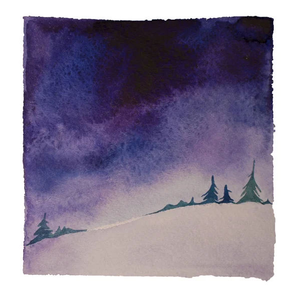 Campo Inverno Aquarela Noite Ilustração Céu Azul Profundo — Fotografia de Stock