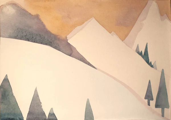 Aquarell Sonnenuntergang Nördlichen Gebirge Künstlerisches Schneebedecktes Hochland Noetischen Stil — Stockfoto