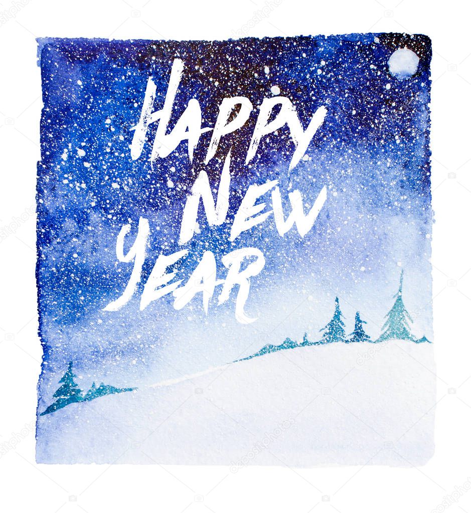 Watercolor winter night illustration with artistic brushy happy new year lettering