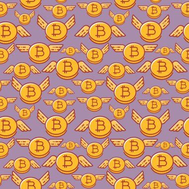 Bitcoins kanatlı, sorunsuz vektör desen, düz çizgi tasarım stili